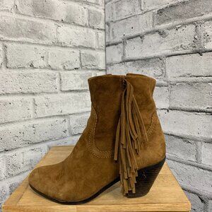 Sam Edelman Booties Womens 7.5 M Louie Camel Tan Suede Fringe Heeled Ankle Boots